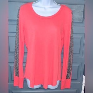 BKE Coral Top with Metallic Stripe Sleeves